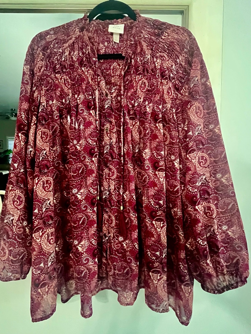 Knox Rose Boho Burgundy Paisley Peasant Tie-Neck Peasant Blouse Plus Size 1X